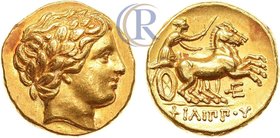 Greek. Macedonian Kingdom. Philip II, AV Stater. 340-328 BC.
Gold. 8,56g. Pella. Av: Laureate head of Apollo right. Rv: Fast biga right. Symbol below...