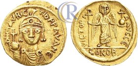Byzantine. Maurice Tiberius. AV Solidus. 586-587.
Gold, 4,44g. Mint of Carthage. Av: "DN MAVRIC TIB PP AV АN E". Dr. and cuir. bust facing, wearing p...