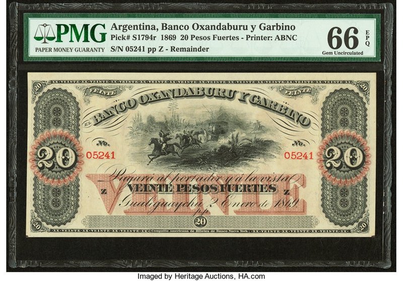 Argentina Banco Oxandaburu y Garbino 20 Pesos Fuertes 1869 Pick S1794r Remainder...