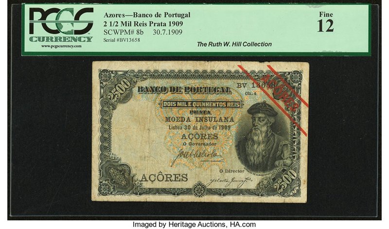 Azores Banco de Portugal 2 1/2 Mil Reis Prata 30.7.1909 Pick 8b PCGS Fine 12. 

...