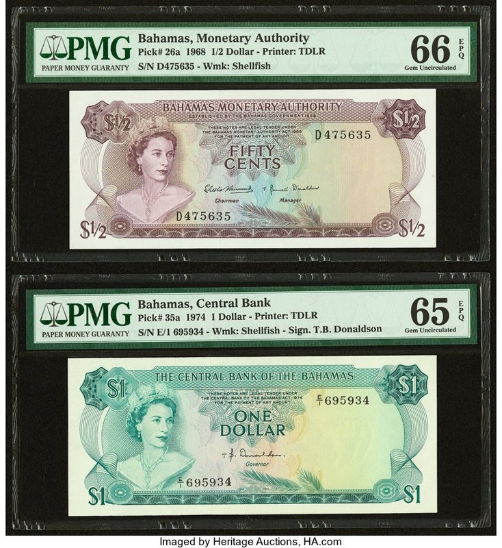 Bahamas Monetary Authority 1/2; 1 Dollar 1968; 1974 Pick 26a; 35a Two Examples P...