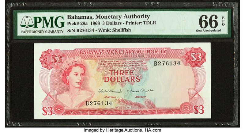 Bahamas Monetary Authority 3 Dollars 1968 Pick 28a PMG Gem Uncirculated 66 EPQ. ...