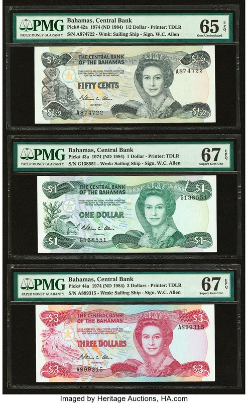 Bahamas Central Bank 1/2; 1; 3 Dollars 1974 (ND 1984) Pick 42a; 43a; 44a Three E...