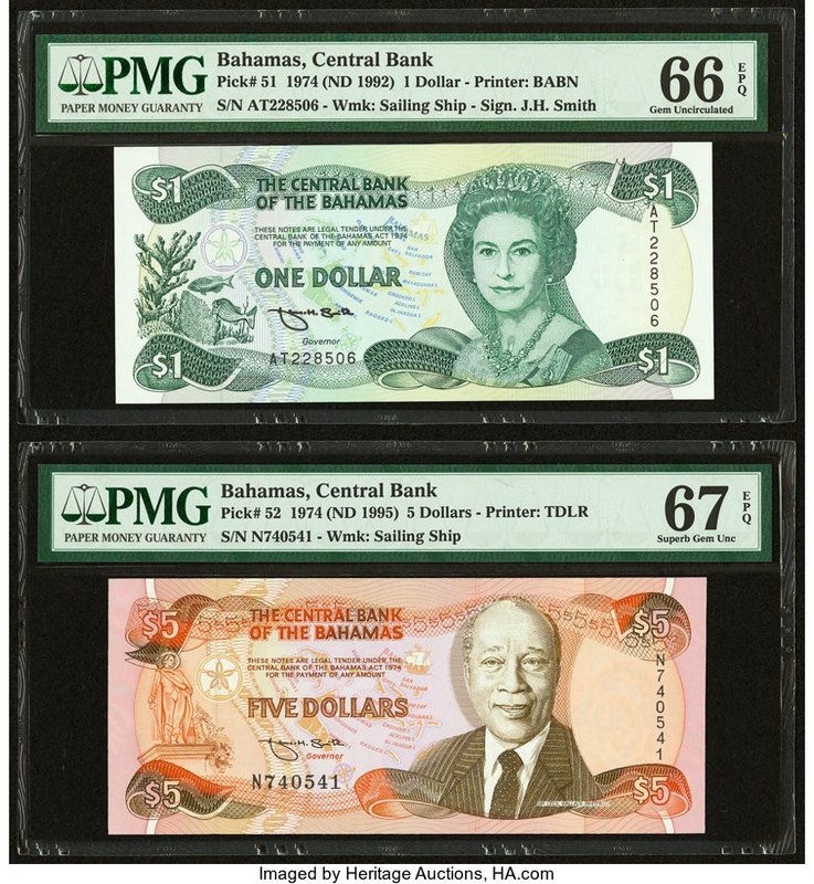 Bahamas Central Bank 1; 5 Dollars 1974 (ND 1992); 1974 (ND 1995) Pick 51; 52 Two...
