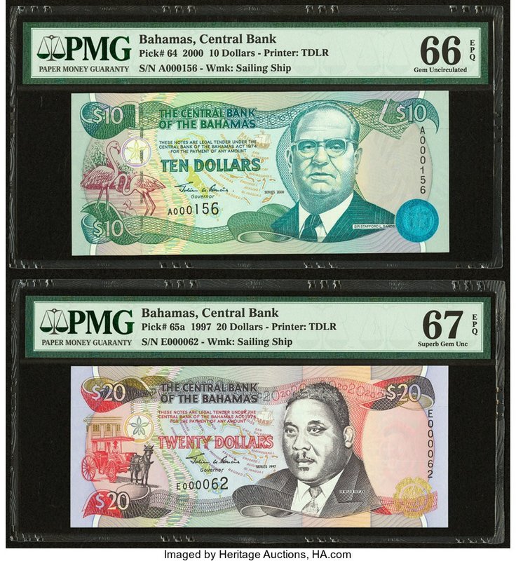 Bahamas Central Bank 10; 20 Dollars 2000; 1997 Pick 64; 65a PMG Gem Uncirculated...
