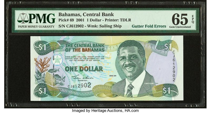 Gutter Fold Errors Bahamas Central Bank 1 Dollar 2001 Pick 69 PMG Gem Uncirculat...