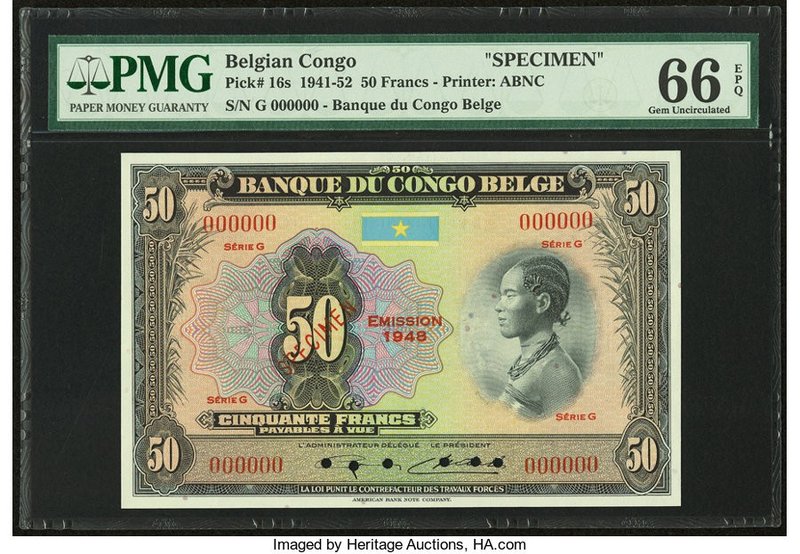 Belgian Congo Banque du Congo Belge 50 Francs 1948 Pick 16s Specimen PMG Gem Unc...