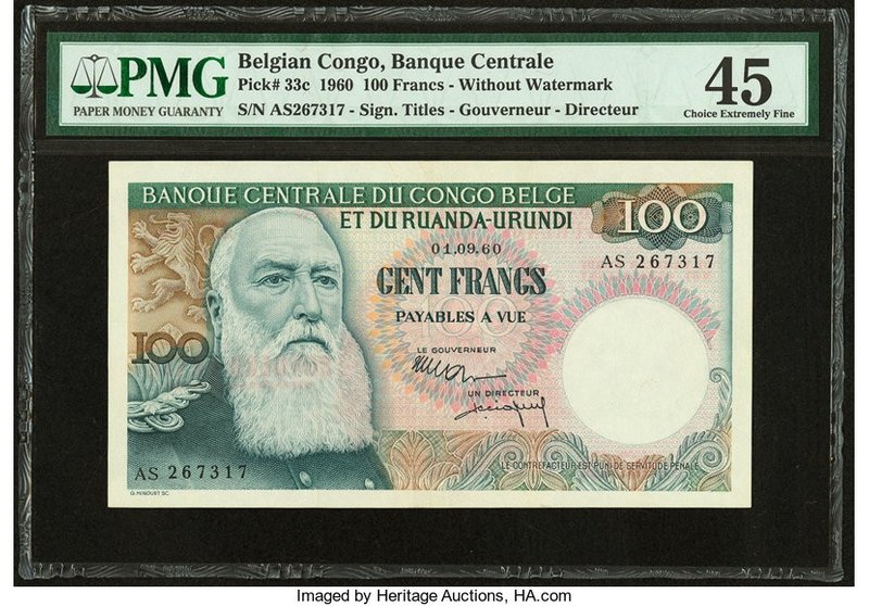 Belgian Congo Banque Centrale du Congo Belge 100 Francs 1960 Pick 33c PMG Choice...