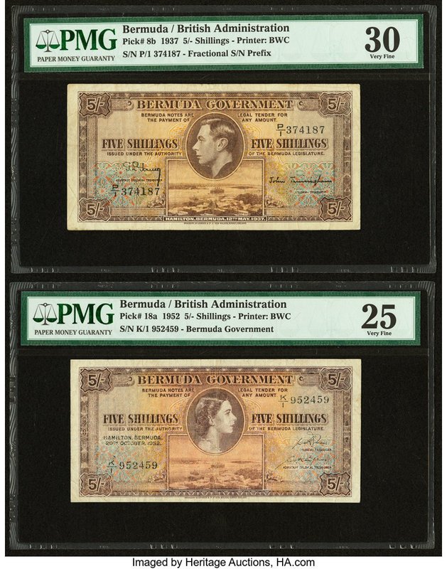 Bermuda Bermuda Government 5 Shillings 1937; 1952 Pick 8b; 18a Two Examples PMG ...