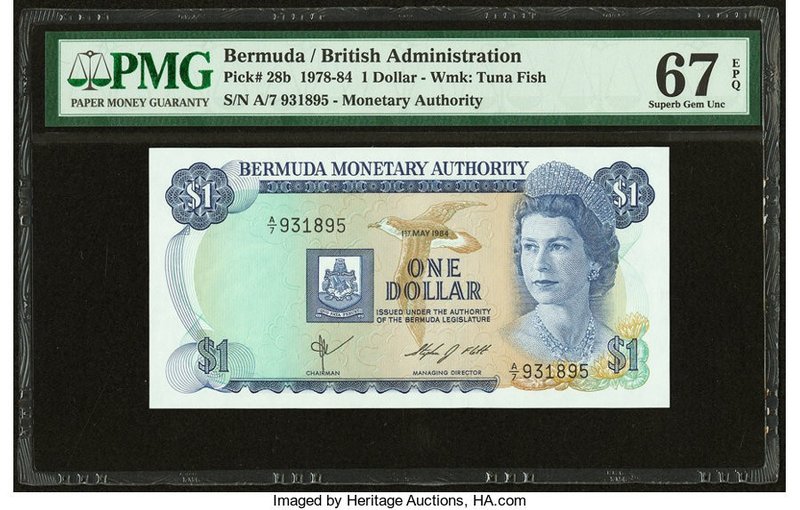 Bermuda Monetary Authority 1 Dollar 1.5.1984 Pick 28b PMG Superb Gem Unc 67 EPQ....
