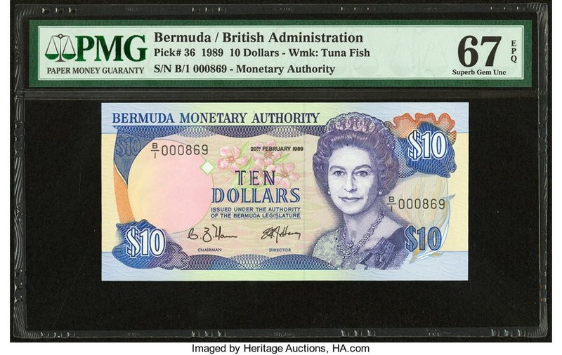 Bermuda Monetary Authority 10 Dollars 20.2.1989 Pick 36 PMG Superb Gem Unc 67 EP...