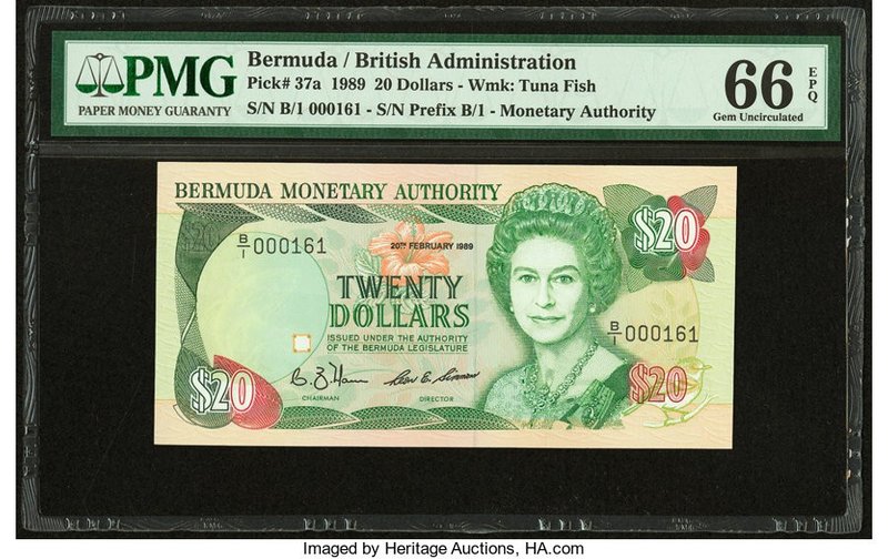 Bermuda Monetary Authority 20 Dollars 20.2.1989 Pick 37a PMG Gem Uncirculated 66...