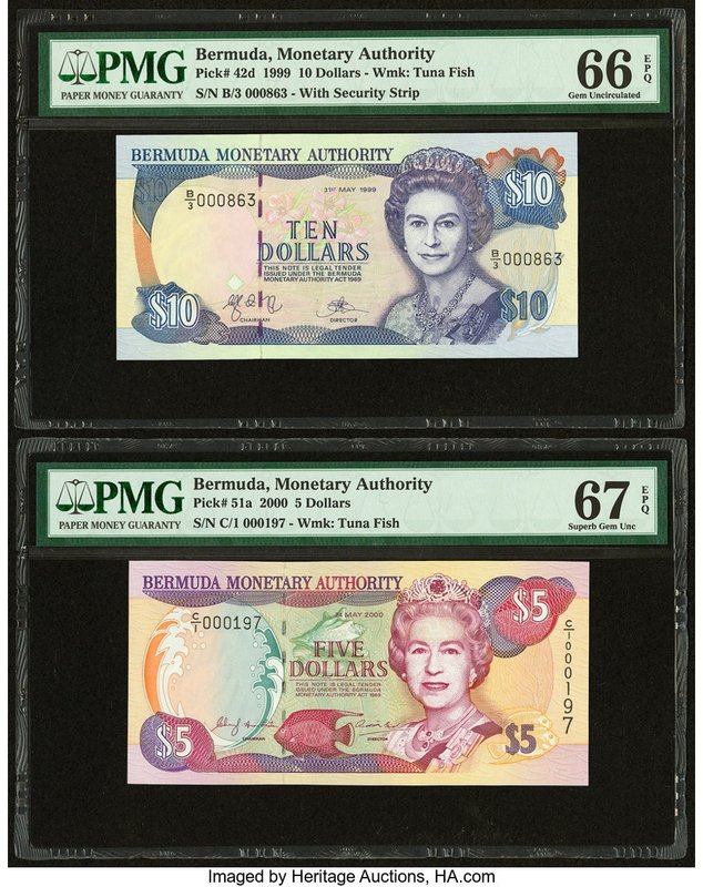 Bermuda Monetary Authority 10; 5 Dollars 31.5.1999; 24.5.2000 Pick 42d; 51a PMG ...