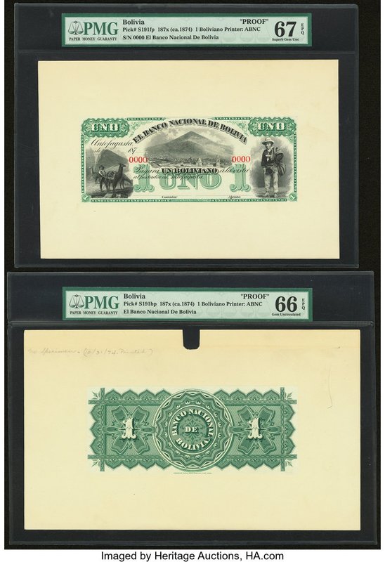 Bolivia Banco Nacional de Bolivia 1 Boliviano 187x (ca. 1874) Pick S191fp; S191b...