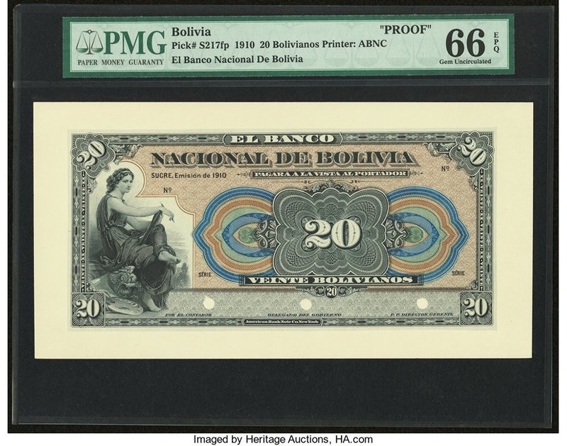 Bolivia Banco Nacional de Bolivia 20 Bolivianos 1910 Pick S217fp Front Proof PMG...