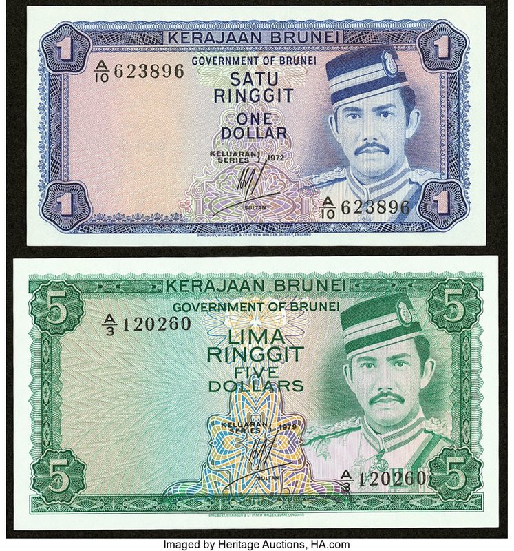 Brunei Government of Brunei 1 Ringgit 1972 Pick 6a; 5 Ringgit 1979 Pick 7a Choic...