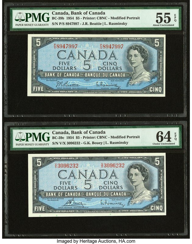 Canada Bank of Canada $5 1954 BC-39b; BC-39c Two Examples PMG About Uncirculated...