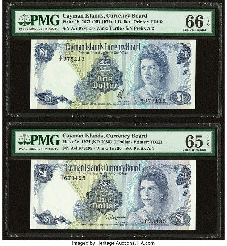 Cayman Islands Currency Board 1 Dollar 1971 (ND 1972); 1974 (ND 1985)(4) Pick 1b...
