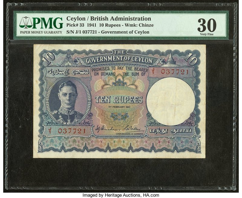 Ceylon Government of Ceylon 10 Rupees 1.2.1941 Pick 33 PMG Very Fine 30. Staple ...