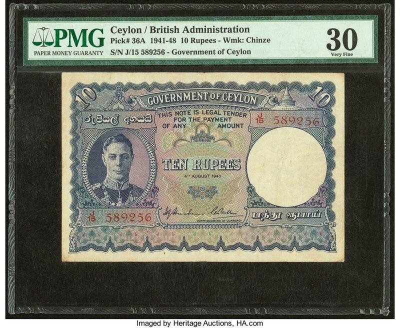 Ceylon Government of Ceylon 10 Rupees 4.8.1943 Pick 36A PMG Very Fine 30. Ink st...