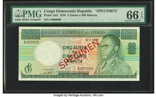 Congo, Democratic Republic Banque Nationale du Congo 5 Zaires = 500 Makuta 21.1.1970 Pick 13s2 Specimen PMG Gem Uncirculated 66 EPQ. 

HID09801242017