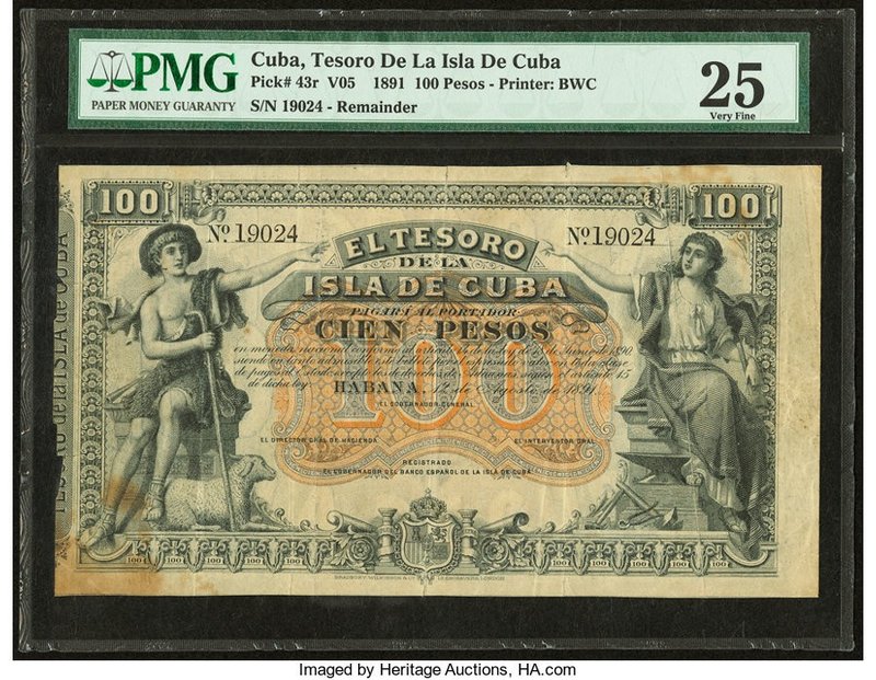 Cuba El Tesoro De La Isla De Cuba 100 Pesos 12.8.1891 Pick 43r Remainder PMG Ver...