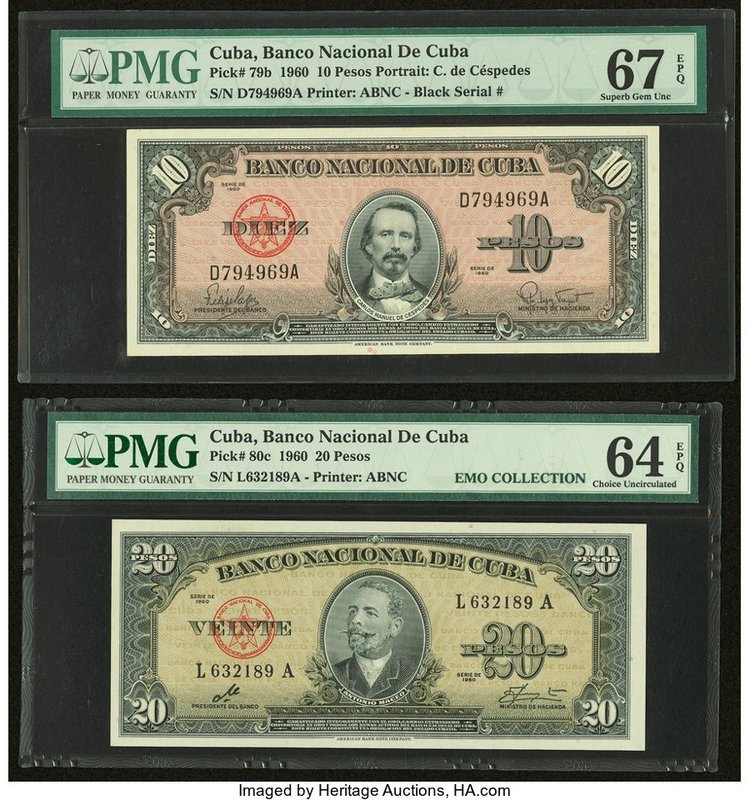 Cuba Banco Nacional de Cuba 10; 20 Pesos 1960 Pick 79b; 80c Two Examples PMG Sup...