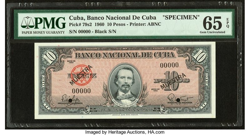 Cuba Banco Nacional de Cuba 10 Pesos 1960 Pick 79s2 Specimen PMG Gem Uncirculate...