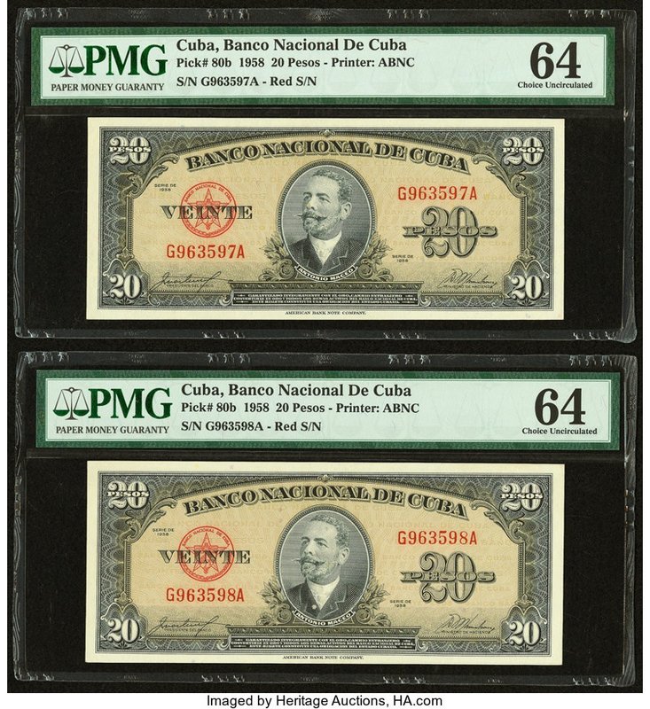 Cuba Banco Nacional de Cuba 20 Pesos 1958 Pick 80b Two Consecutive Examples PMG ...