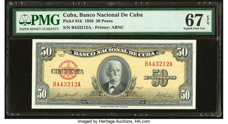 Cuba Banco Nacional de Cuba 50 Pesos 1958 Pick 81b PMG Superb Gem Unc 67 EPQ. 

...