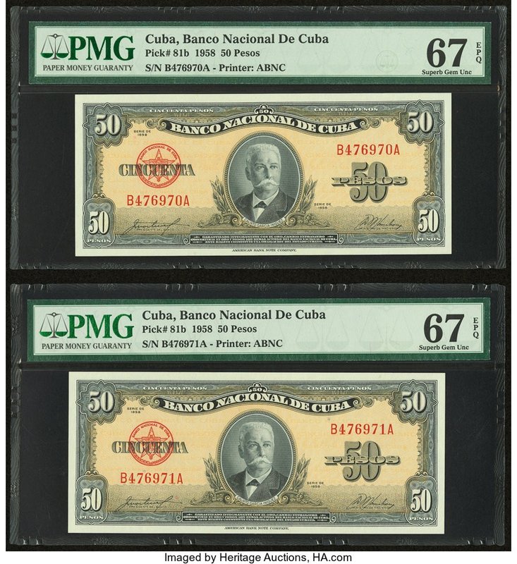 Cuba Banco Nacional de Cuba 50 Pesos 1958 Pick 81b Two Consecutive Examples PMG ...