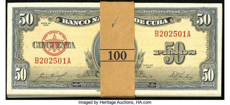 Cuba Banco Nacional de Cuba 50 Pesos 1958 Pick 81b Pack of 100 Consecutive Examp...