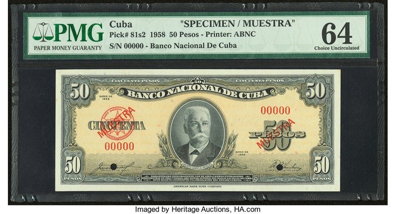 Cuba Banco Nacional de Cuba 50 Pesos 1958 Pick 81s2 Specimen PMG Choice Uncircul...