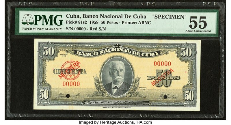 Cuba Banco Nacional de Cuba 50 Pesos 1958 Pick 81s2 Specimen PMG About Uncircula...