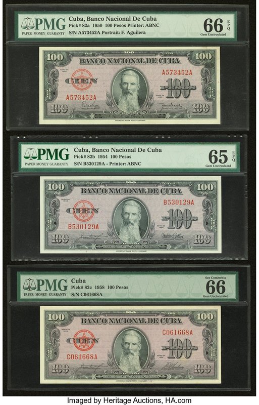 Cuba Banco Nacional de Cuba 100 Pesos 1950; 1954; 1958 Pick 82a; 82b; 82c Three ...