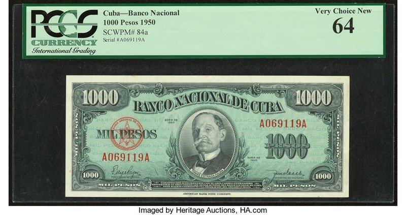 Cuba Banco Nacional de Cuba 1000 Pesos 1950 Pick 84 PCGS Very Choice New 64. 

H...