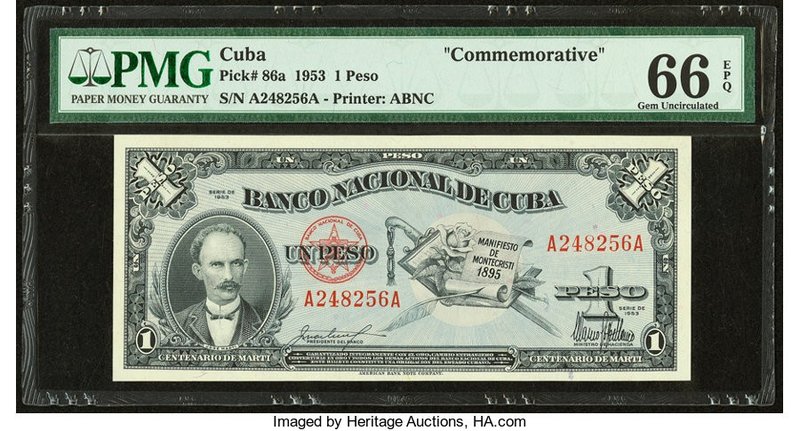 Cuba Banco Nacional de Cuba 1 Peso 28.1.1953 Pick 86a Commemorative PMG Gem Unci...