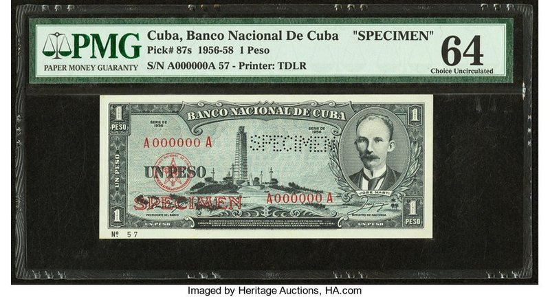 Cuba Banco Nacional de Cuba 1 Peso 1956 Pick 87s Specimen PMG Choice Uncirculate...