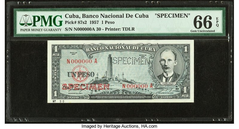 Cuba Banco Nacional de Cuba 1 Peso 1957 Pick 87s2 Specimen PMG Gem Uncirculated ...