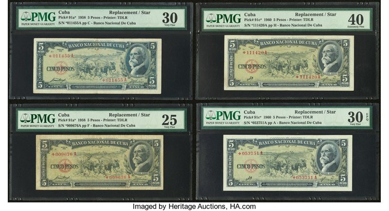Cuba Banco Nacional de Cuba 5 Pesos 1958; 1960 (2) Pick 91a*; 91c* (2) Four Repl...