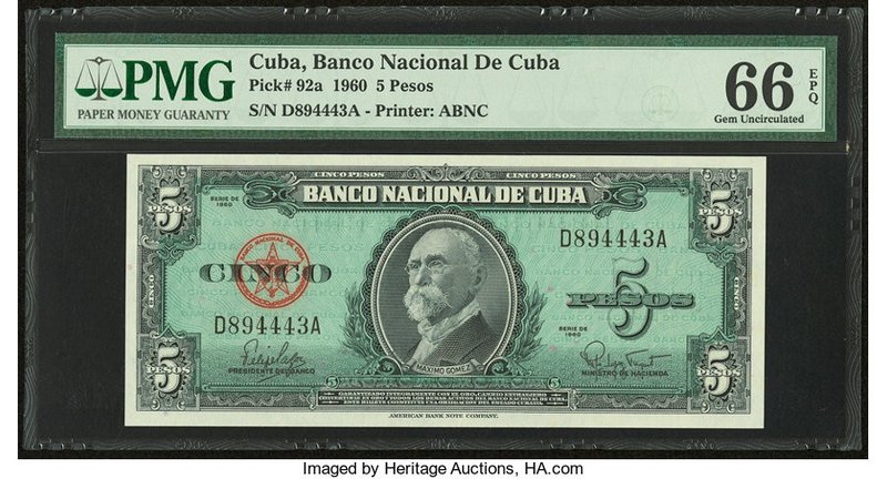 Cuba Banco Nacional de Cuba 5 Pesos 1960 Pick 92a PMG Gem Uncirculated 66 EPQ. 
...