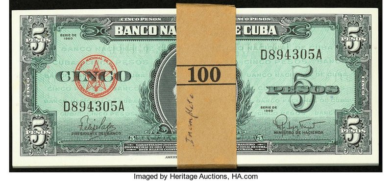 Cuba Banco Nacional de Cuba 5 Pesos 1960 Pick 92a Pack of 96 Consecutive Example...
