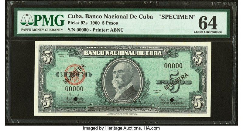 Cuba Banco Nacional de Cuba 5 Pesos 1960 Pick 92s Specimen PMG Choice Uncirculat...