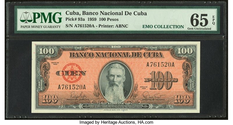 Cuba Banco Nacional de Cuba 100 Pesos 1959 Pick 93a PMG Gem Uncirculated 65 EPQ....