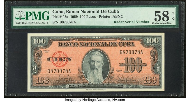 Radar Serial Number Cuba Banco Nacional de Cuba 100 Pesos 1959 Pick 93a PMG Choi...