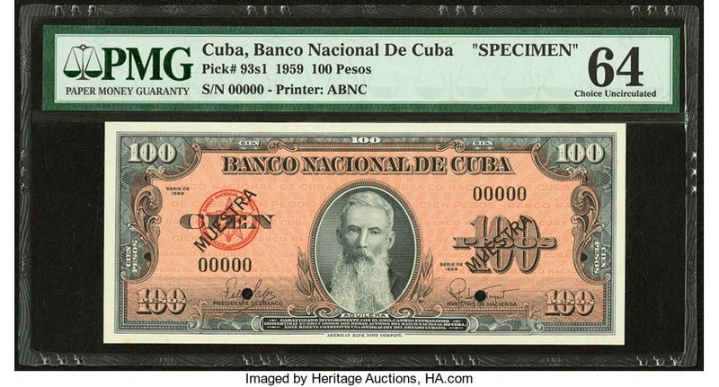 Cuba Banco Nacional de Cuba 100 Pesos 1959 Pick 93s1 Specimen PMG Choice Uncircu...
