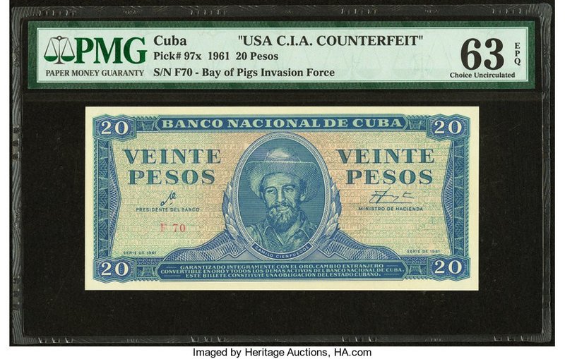 Cuba Banco Nacional de Cuba 20 Pesos 1961 Pick 97x C.I.A. Counterfeit PMG Choice...