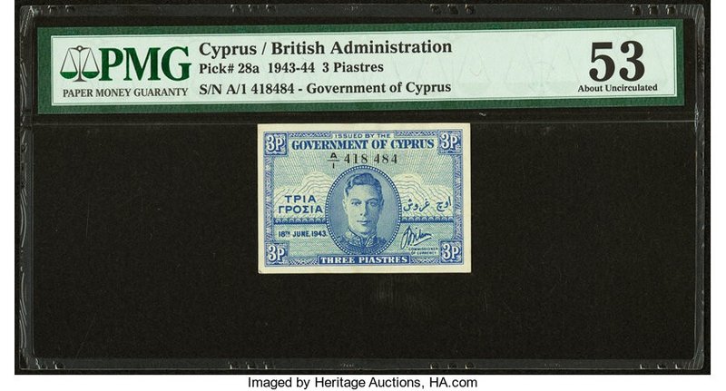 Cyprus Government of Cyprus 3 Piastres 18.6.1943 Pick 28a PMG About Uncirculated...
