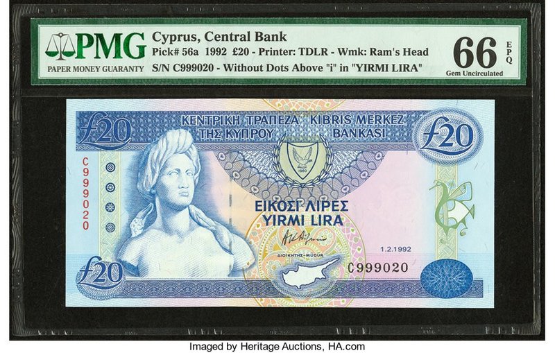 Cyprus Central Bank of Cyprus 20 Pounds 1.2.1992 Pick 56a PMG Gem Uncirculated 6...
