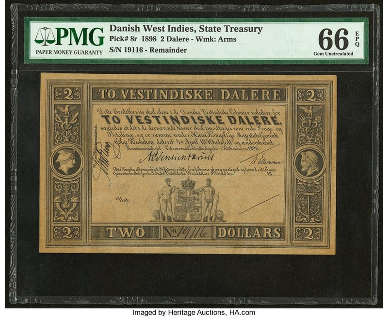 Danish West Indies State Treasury 2 Dalere 1898 Pick 8r Remainder PMG Gem Uncirc...